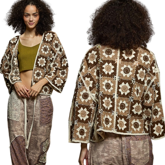 POL Floral Granny Square Crochet Cardigan Retro Boxy Open Front Sweater Openwork - Picture 15 of 16